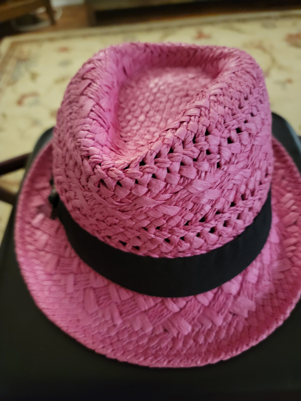 Womens Pink Straw Fedora with Black Band TJ Max